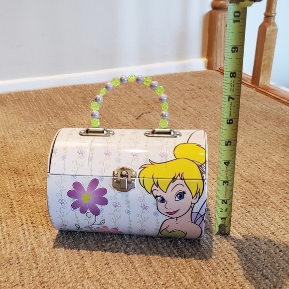 Tinker Bell Tin Barrel Bag Lunch Box Green & Lavender Beaded Handle - Picture 3 of 7